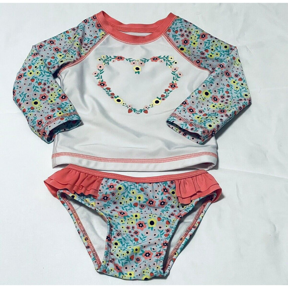 Cat & Jack Girl Rash Guard Swimsuit 2 Piece 12 months Flower Long Sleeve - Picture 1 of 5